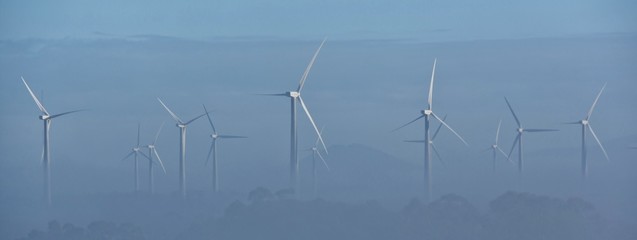 Landscape with wind turbines in the morning fog © lehmannw