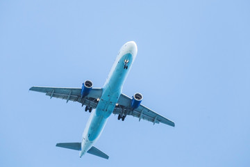 Fototapeta na wymiar Jet plane flying in clear blue sky