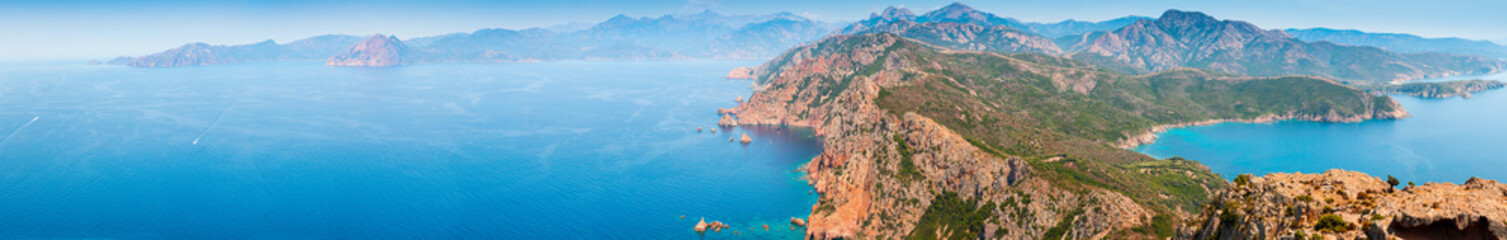 Fototapeta na wymiar Corsica. Super wide panoramic coastal landscape