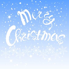 White lettering Merry Christmas on blue sky background, white snow-flakes, vector illustration