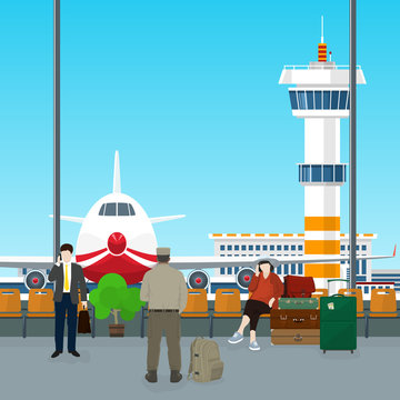 Waiting Room with People in Airport , View on Airplane and Control Tower through the Window from a Waiting Room , Scoreboard Arrivals at Airport, Travel Concept, Flat Design, Vector Illustration