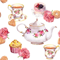 Crédence de cuisine en verre imprimé Thé L& 39 heure du thé - théière, tasse de thé, gâteaux, fleurs. Motif répétitif. Aquarelle