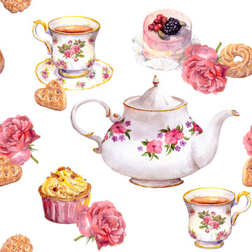 Teatime - tea pot, teacup, cakes, flowers. Repeating pattern. Watercolour