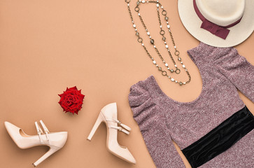 Autumn Fashion woman Clothes Accessories Set. Design fashion Concept. Stylish Lady Dress, Glamor Heels Hat Rose. Trendy fashion Design. Top view. Fall Fashion Outfit. Vintage.Creative Overhead Minimal