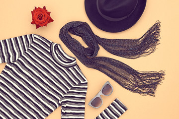 Autumn Fashion woman Clothes Accessories Set. Design fashion. Trendy Scarf Dress, Stylish Hat Glamor fashion Outfit, Rose. Black White. Top view. Fall Fashion.Vintage. Elegant Creative Minimal Concept