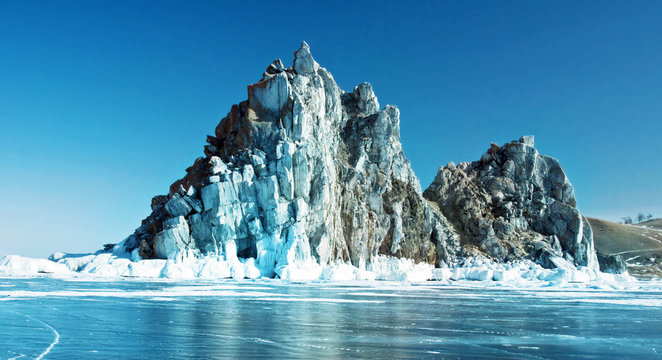 Cape Burhan on the west coast of the island of Olkhon. Lake Baikal. Sacred shamanic place.  Used toning of the photo.