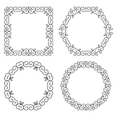 Set of decorative frames and borders. Mono line design templates, isolated on white background
