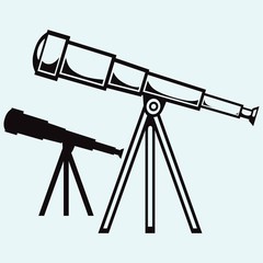 Telescope in tripod. Isolated on blue background. Vector silhouettes