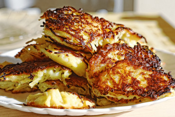 Homemade potato pancakes. Belarusian cuisine. Traditional Hanukkah food.