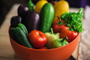 Fresh organic vegetables. Autumn vegetables. Harvesting. Ingredients for the salad. Lettuce, tomatoes, cucumbers, zucchini, eggplant, peppers, chillies.