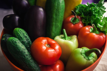 Fresh organic vegetables. Autumn vegetables. Harvesting. Ingredients for the salad. Lettuce, tomatoes, cucumbers, zucchini, eggplant, peppers, chillies.