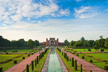 Fototapeta na wymiar Gardens and the great gate from Taj Mahal.