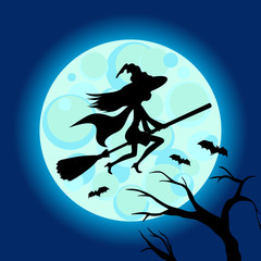 Halloween illustration of mysterious night sky with witch fly on broom and moon. Template for your design. Vector drawing.