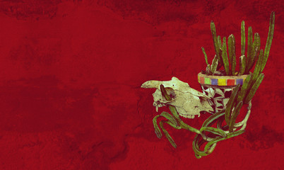 Sheep skull and Mexican mosaic pot plant with cactus on a red background. Grunge textured image with copy space for text.
