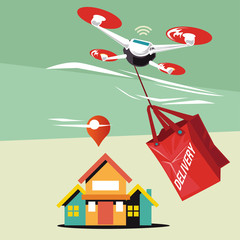 Drone with a box flying in the sky. Vector flat illustration of the modern express package delivery. Shipping, logistic service in business and industry
