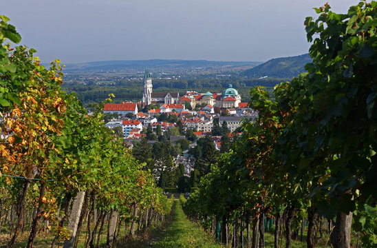 Blick durch die Weing&auml;rten auf das Stift Klosterneuburg