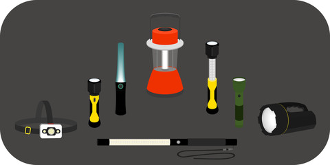 vector illustration various flashlight - headlamp, handlamp, tablelamp