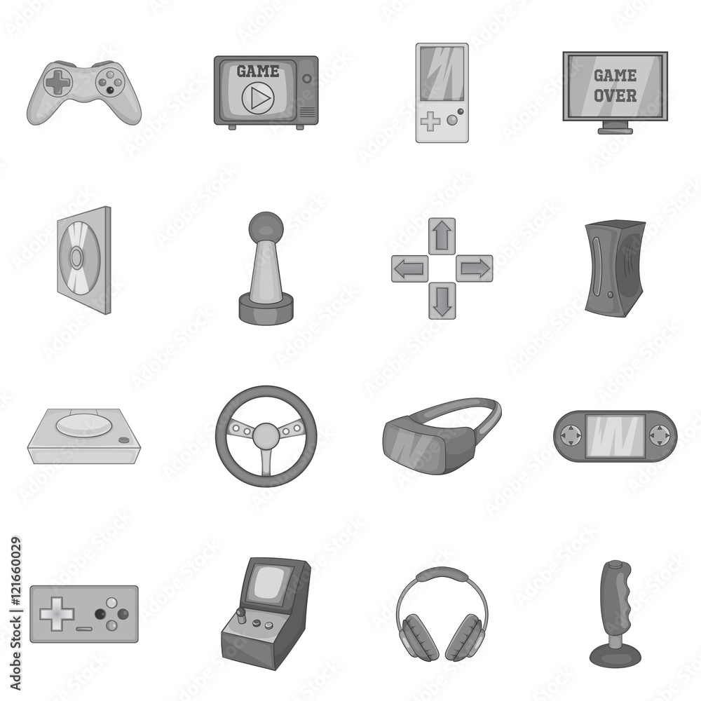 Poster video game icons set in black monochrome style. game controllers set collection vector illustration