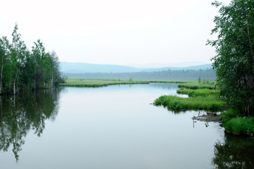 misty morning on the lake. early summer morning. drizzling rain. forest on the lake. photo toned.soft focus
