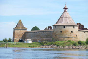 Two ancient towers (Golovin and Sovereign) close-up on a summer day. Oreshek fortress, Shlisselburg