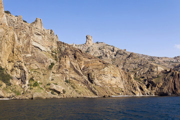 Interesting landscape mountains formed from volcanic rocks on the coast of the Crimea.