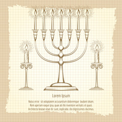 Vintage poster with hand drawn candles on notebook background. Vector illustration