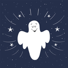 Funny ghost flying in the night sky. Halloween card. Hand Drawn 