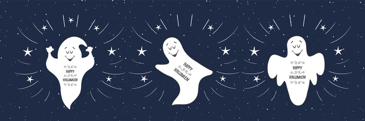 Funny ghosts flying in the night sky. Happy Halloween card. Hand