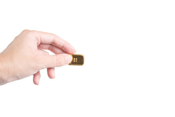 The chocolate gold coin  in hand on white background, clipping path