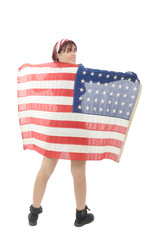 pretty young woman isolated holding an American Flag