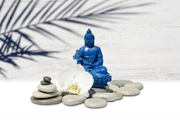 Zen or Feng-Shui background-Blue Medicine Buddha Bhaisajyaguru,zen stone,white orchid flowers.In the background is blurred wooden wall with palm shadow silhouette