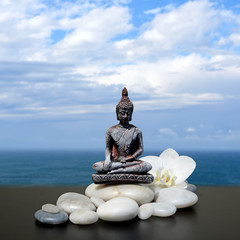 Feng-Shui background-Buddha,zen stone,white orchid flowers, sea and sky