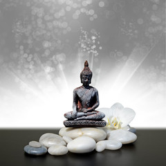Feng-Shui background-Buddha,zen stone,white orchid flowers on abstract background