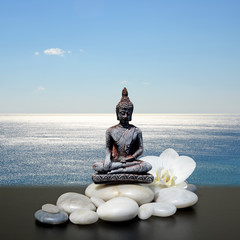 Feng-Shui background-Buddha,zen stone,white orchid flowers, sea and sky