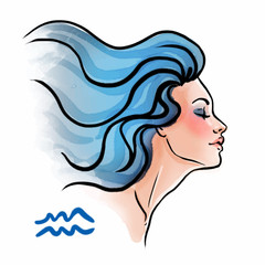 Aquarius zodiac sign as a beautiful girl. Ink and watercolor fashion vector illustration 