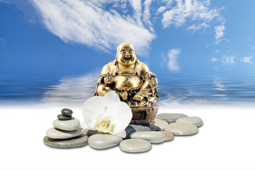 Laughing Buddha,zen stone,white orchid flowers and sky reflected in water