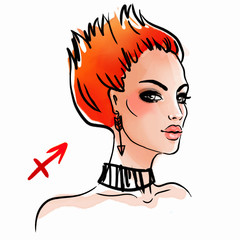 Sagittarius zodiac sign as a beautiful girl. Ink and watercolor fashion illustration 