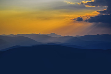 Majestic sunset over the mountain hills , Carpathian ,Ukraine