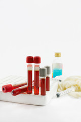 Blood sample in tube blood for screening test and syringe on white background.