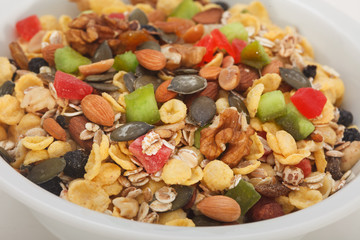 Muesli Dry Fruits Nuts Oats Raisin Cereals Flakes. Healthy breakfast.