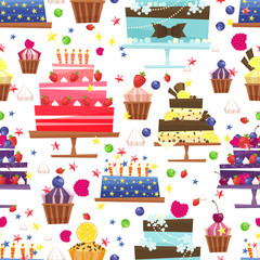 Candy, sweets and cakes seamless pattern background