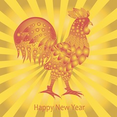 Post card Happy New Year. Red rooster on gold rays background, vector illustration