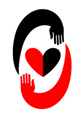 Hands embracing a heart. The original icon with black and red design.