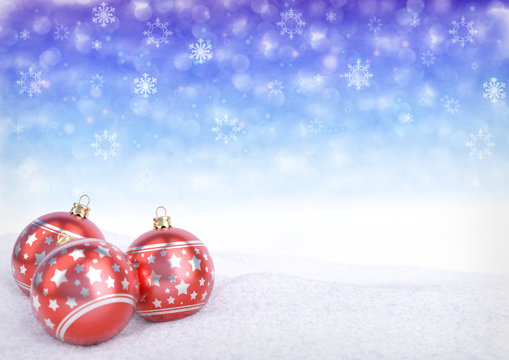 red christmas balls on snow with bokeh background. 3D render