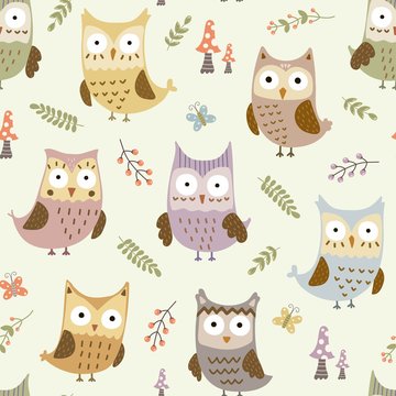 Cute owls seamless pattern