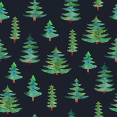 Watercolor green trees seamless pattern on dark blue background.