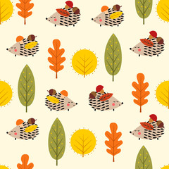 Hedgehog and decorative leaves seamless pattern. Autumn forest nature background. Baby hedgehog with trees vector illustration. Design for textile, wallpaper, fabric. © in_dies_magis