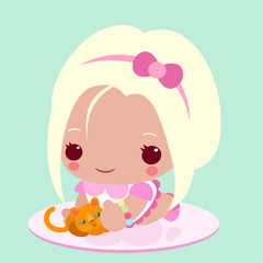 Little cute girl in pajamas playing with red fluffy kitten on the pink soft carpet. Children's character.