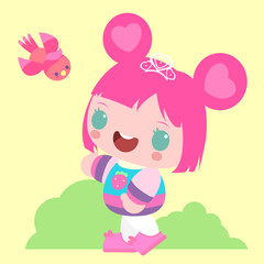 Little sweet girl with pink hair. Princess tiara. Walking in the park. Warm summer weather. Children's character.