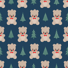 Obraz premium Teddy Bear with Xmas Trees seamless pattern on dark blue background. Cute vector background with boy teddy bear and Christmas tree. Design for print on baby's clothes, textile, wallpaper, fabric.